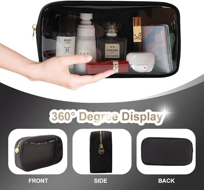 Slim Transparent Makeup Pouch Women Travel Clear TPU and Nylon Cosmetic Pouch (Medium, Black)