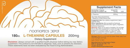 Nootropics Depot L-Theanine Capsules 200mg (180 Count) | Promotes Relaxation | Supports Healthy Stress Levels + Sleep Cycles | Promotes Cognitive Function + Focus | Amino Acid Supplement