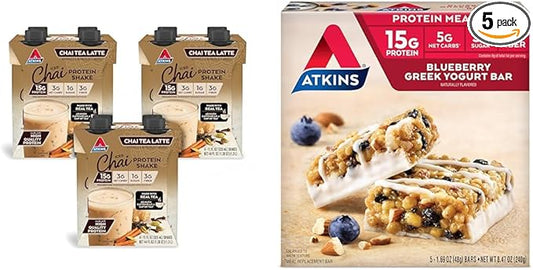Atkins Chai Tea Latte Protein Shake with 15g Protein, 3g Net Carbs, 1g Sugar and Atkins Blueberry Greek Yogurt Protein Meal Bar with 15g Protein, 5g Net Carbs, 3g Sugar, 5 Count