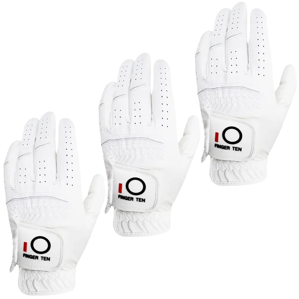 FINGER TEN Golf Gloves Men Left Hand Rain Grip Glove for Right Handed Golfer Value 3 Pack, All Weather Durable Grip Size Small Medium Large XL White Black Blue