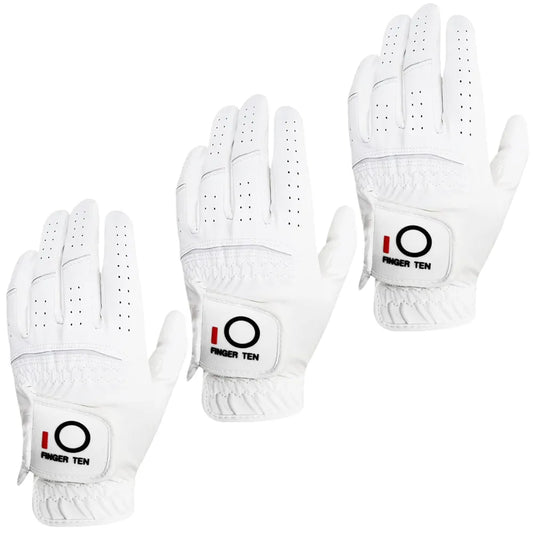 FINGER TEN Golf Gloves Men Left Hand Rain Grip Glove for Right Handed Golfer Value 3 Pack, All Weather Durable Grip Size Small Medium Large XL White Black Blue