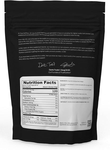 True Nutrition - Hydrolyzed Collagen Powder from Grass Fed Beef - Paleo Friendly, Gluten Free, Soy Free, Dairy Free, Non-GMO, Grass Fed Collagen Peptides Powder - Unflavored - 1LB