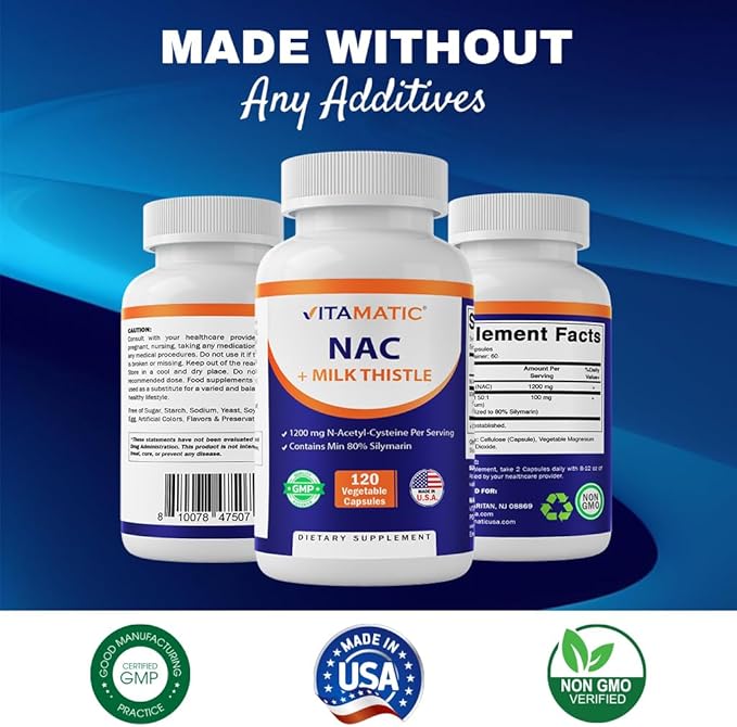 Vitamatic NAC Supplement N-Acetyl-L-Cysteine (NAC) with Milk Thistle 50:1 Extract - Supports Immune, Respiratory, Liver Health, 1200 mg per Serving, 120 Veg Capsules