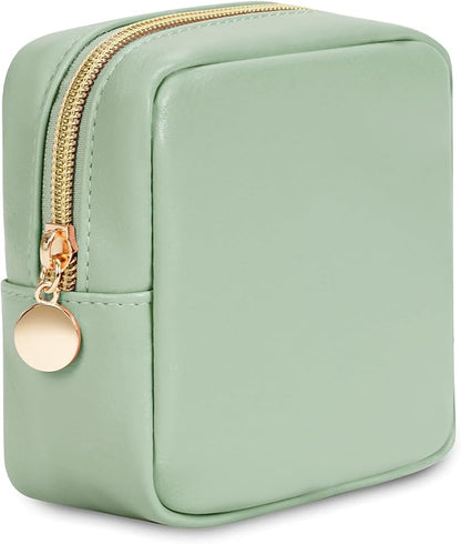 Wandering Nature Small Makeup Bag for Purse Mini Make up Pouch Cute Cosmetic Pouch for Women with Slip-in Pockets Matte Leather, Green