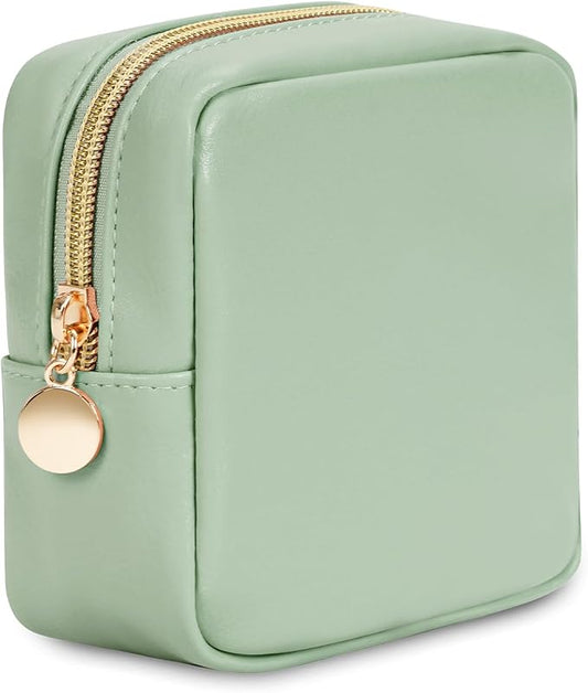 Wandering Nature Small Makeup Bag for Purse Mini Make up Pouch Cute Cosmetic Pouch for Women with Slip-in Pockets Matte Leather, Green