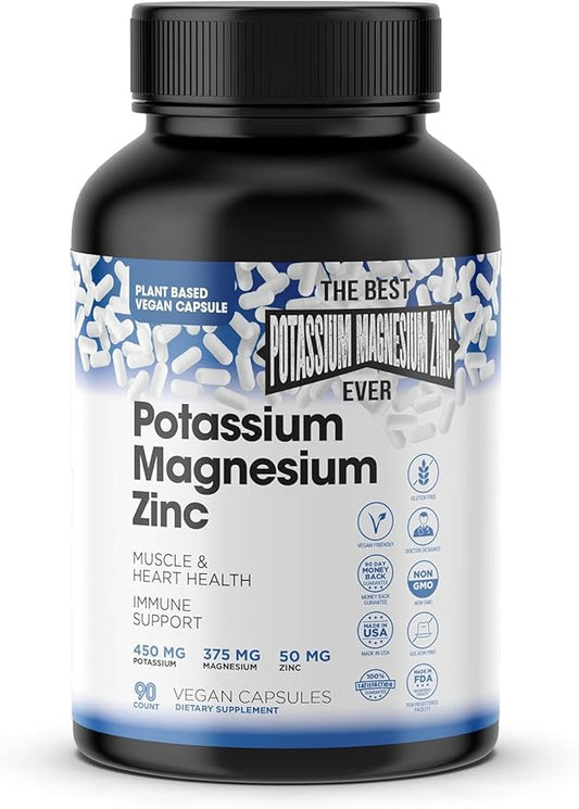 Magnesium Potassium Supplements w/Zinc - 90 Capsules - Magnesium Potassium Zinc for Vascular Health – High Absorption Vegan Potassium Magnesium Supplement for Leg Cramps & Sleep