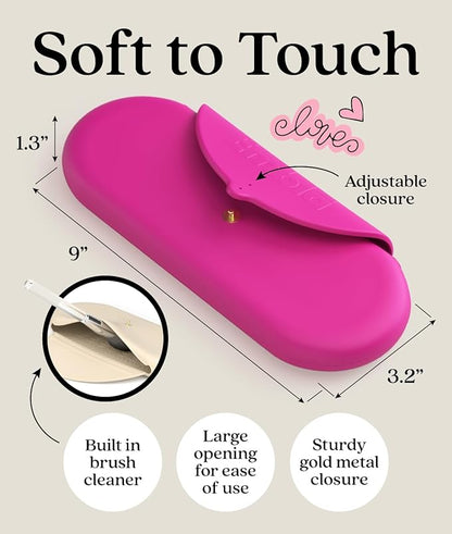 Embla Makeup Brush Holder Travel Cosmetic Case Pouch, Soft Silicone Cosmetic Bag Make Up Brushes Holder with Secure Snap Closure, Travel Makeup Brush Case, Fuchsia