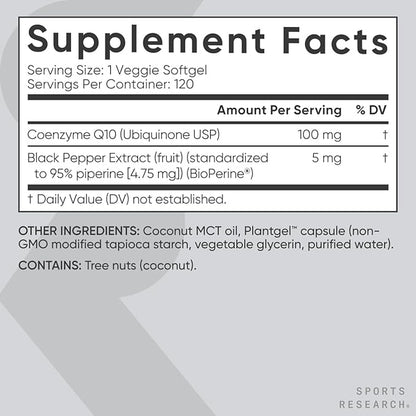 Sports Research CoQ10 (100mg) Enhanced w/Coconut Oil & Bioperine (Black Pepper) for Better Absorption | Vegan Certified, Non-GMO Verified (120 Veggie Softgels)