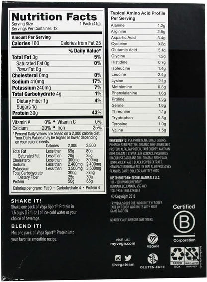 Vega Sport Premium Vegan Protein Powder, Vanilla - 30g Plant Based Protein, 5g BCAAs, Low Carb, Keto, Dairy Free, Gluten Free, Non GMO, Pea Protein for Adults, 12 x 1.6 oz Sachets (Packaging May Vary)