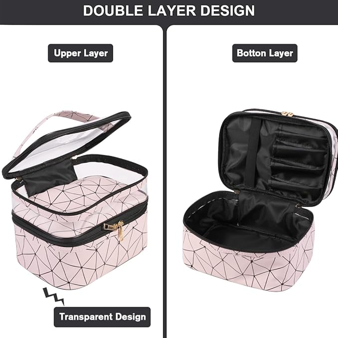FITINI 3 Pieces Makeup Bags Double Layer Travel Large Cosmetic Cases Organizer Toiletry Bags Waterproof Small Zipper Pouch for Women Makeup Brush Storage Bag,Blush Pink