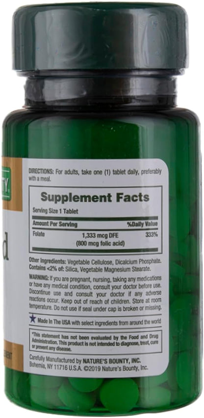 Nature's Bounty Folic Acid 800 mcg Tablets Maximum Strength 250 Count (Pack of 6)