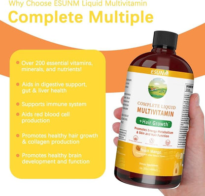 Complete Liquid Multivitamin + Hair Growth, Promotes Energy Metabolism& Skin and Hair Function| Vitamin C D | B Vitamins | Help to Thicker Hair, Wrinkles, Fine Lines, Skin Care (16.23OZ)