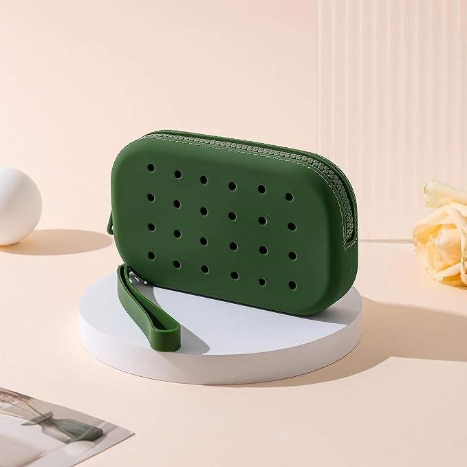 Portable Silicone Makeup Bag for Women, Small Travel Toiletry Cosmetic Bag with Decorative Holes, Zipper Closure Organizer Makeup Case with Handle (Green)