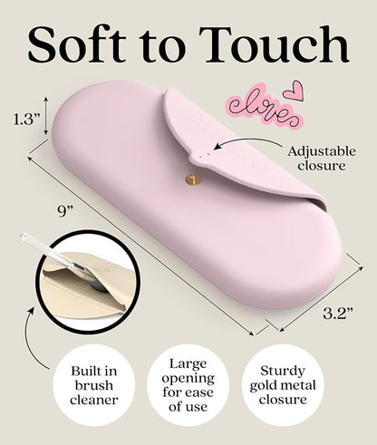 Embla Makeup Brush Holder Travel Cosmetic Case Pouch, Soft Silicone Cosmetic Bag Make Up Brushes Holder with Secure Snap Closure, Travel Makeup Brush Case, Rosette