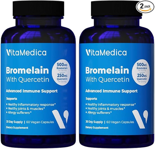 VitaMedica Bromelain & Quercetin Supplement - 500mg Bromelain 250mg Quercetin - 2400 GDU for Immunity, Joint Support, Inflammation and Muscle Recovery - 60 Vegan Capsules - 30 Servings (2 Pack)