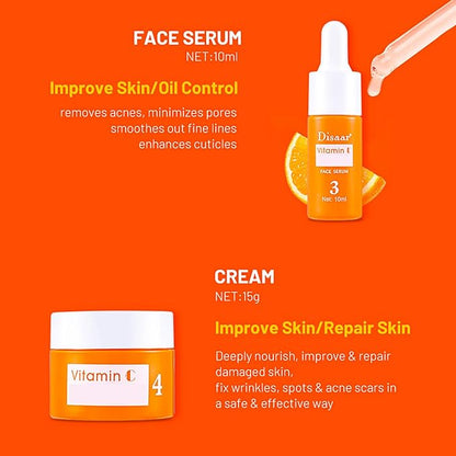 Vitamin C Organic Orange Extract Skin Care Set Facial Wash Toner Serum Face Cream Moisturizing Reduce Wrinkles Hydrate 30ml+30ml+10ml+15g 4PCS