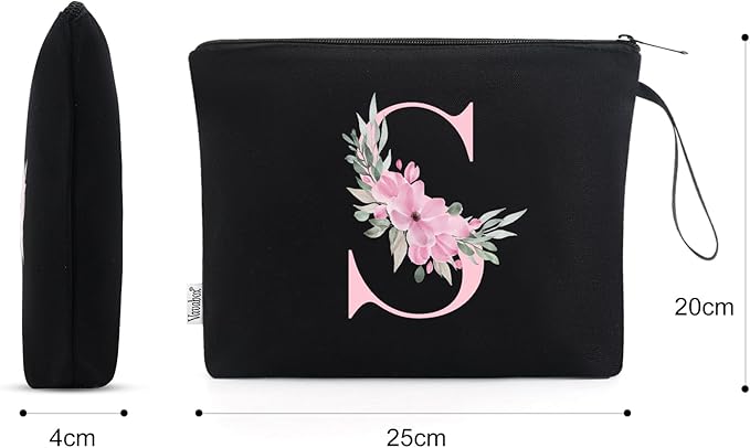 Vavabox A-Z Personalized Makeup Bag, Birthday Gifts for Women Mom, Gifts for Best Friend, Bride Bridesmaid Cosmetic bag (S, Black)