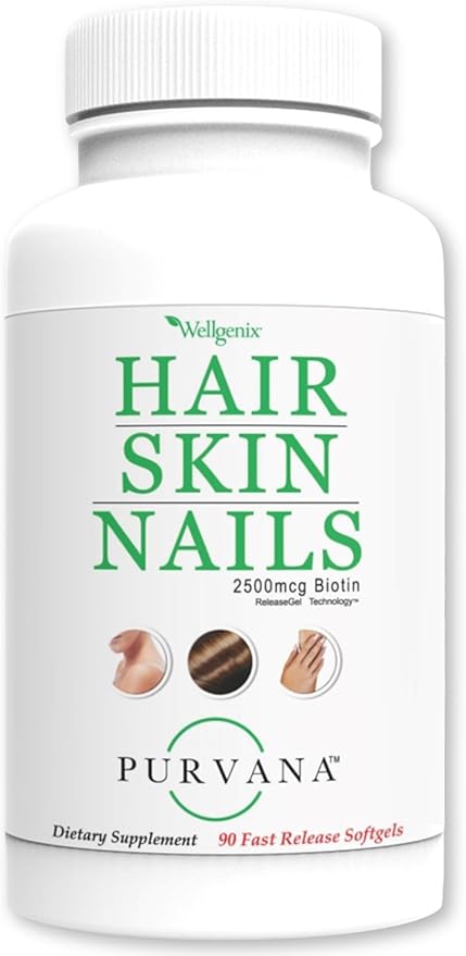 Wellgenix Purvana Hair, Skin, and Nails - One a Day Softgel - 2500mcg Biotin, DMAE, MSM, Horsetail, Grape Seed Extract - Anti Aging, PCOS & Postpartum Hair Growth, Strong Nails (90 Count)