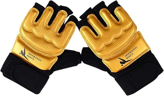 Taekwondo Kickboxing Punch Bag Gloves, Half Mitts WTF UFC MMA Training Boxing Sparring Grappling Martial Arts Muay Thai Wrist Wraps Support Gloves for Men Women Kids (Medium, Golden)