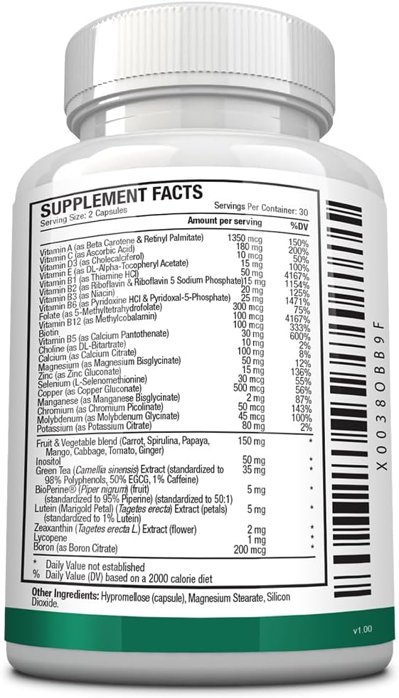 Approved Science Multi-Vitamin - with Full-Spectrum B-Vitamins, Green Tea, Lutein, Lycopene, Zeaxanthin, BioPerine - 60 Capsules - 3 Month Supply