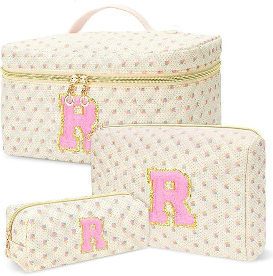 3 PCS Travel Makeup Bag Set, A-Z Initials Cotton Make up Bag Floral Quilted Cosmetic Bag for Girls and Women, Personalized Cute Toiletry Bag Travel Accessories Brushes Bag Yellow - R