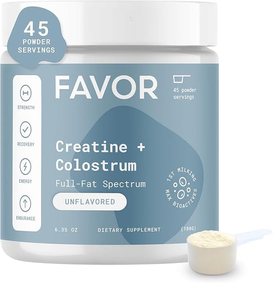 Favor Creatine and Bovine Colostrum Powder - Creatine Monohydrate Cow Colostrum Supplement, High Immunoglobulin IgG, Strength, Muscle Recovery and Gut Health for Men and Women, 45 Servings, Unflavored