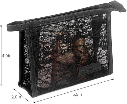fashion portable cosmetic bag,Visible large capacity Nylon storage bag, for Business Travel bath, Unisex (black 3pcs set) (purpose made Lace Mesh triangular zippered cosmetic bag)