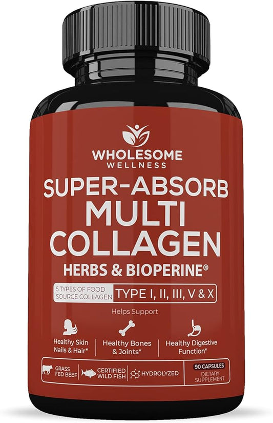 Super-Absorb Multi Collagen Pills (Type I II III V X) Organic Herbs and Bioperine - Hair, Skin, Nails, Joints - Hydrolyzed Collagen Peptides Protein Supplement for Women Men (90 Capsules)