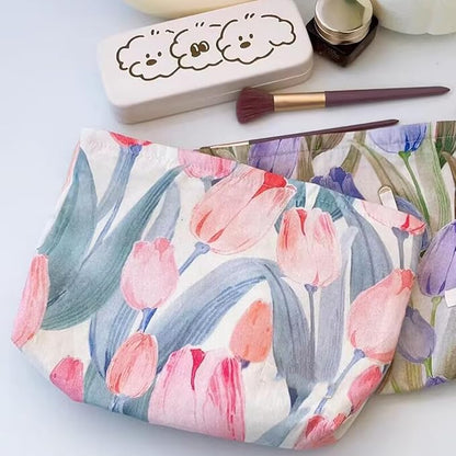 Cosmetic Bags for Women Makeup Bag Large Capacity Purse Travel Toiletry Zipper Storage Pouch Make up Brushes Organizer for Gifts (Pink, tulip)