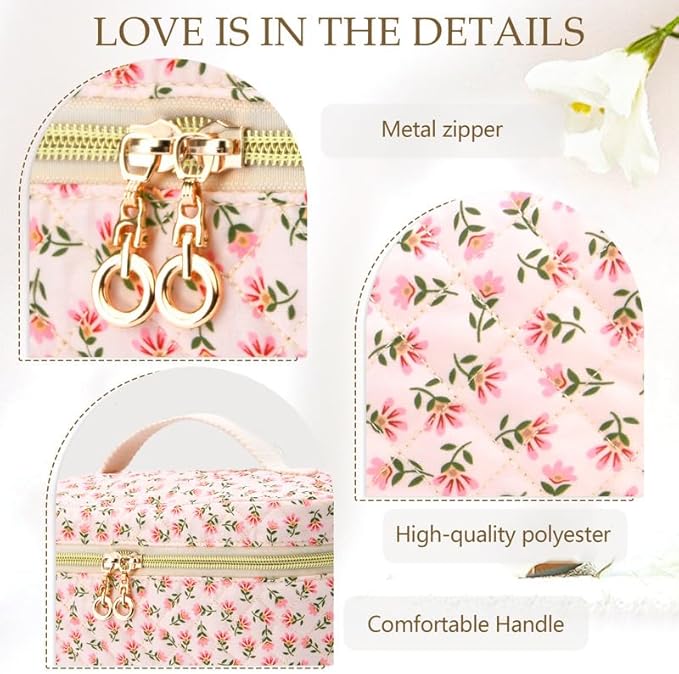 3 PCS Travel Makeup Bag Set, A-Z Initials Cotton Make up Bag Floral Quilted Cosmetic Bag for Girls and Women, Personalized Cute Toiletry Bag Travel Accessories Brushes Bag Blue - B