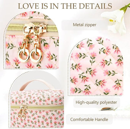 3 PCS Travel Makeup Bag Set, A-Z Initials Cotton Make up Bag Floral Quilted Cosmetic Bag for Girls and Women, Personalized Cute Toiletry Bag Travel Accessories Brushes Bag Blue - B
