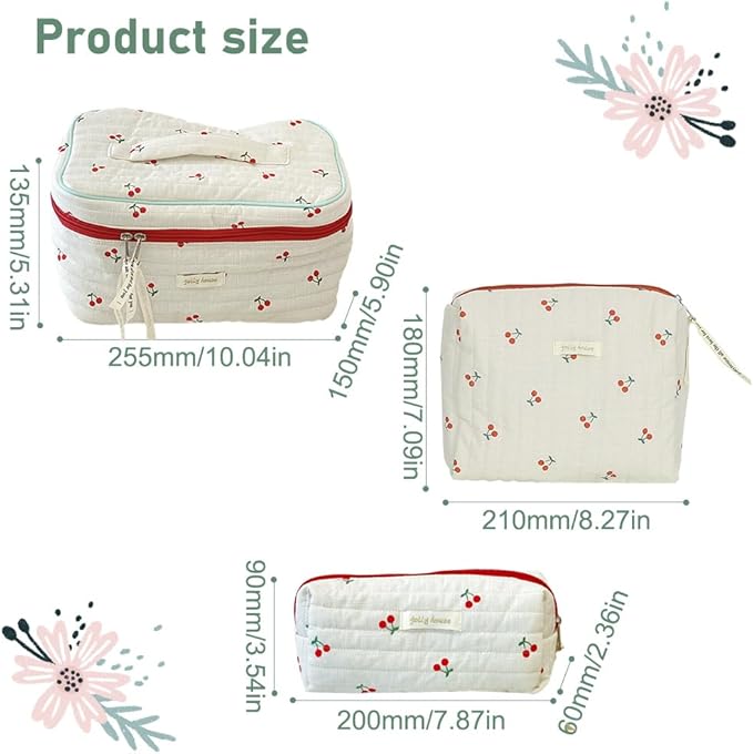 Quilted Makeup Bag Set 3 Pcs Cotton Cute Makeup Bags For Women Large Aesthetic Floral Cosmetic Bag Coquette Flower Makeup Pouch