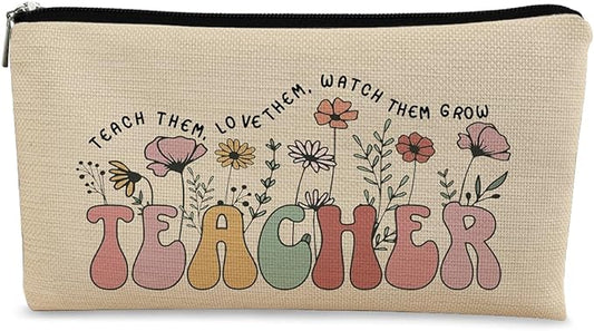 Teacher Bag,Gifts For teacher Survival Kit,Teacher Must Haves, Retro Wildflowers Canvas Makeup Bag,Cosmetic Bag Zipper Travel Toiletry Bag