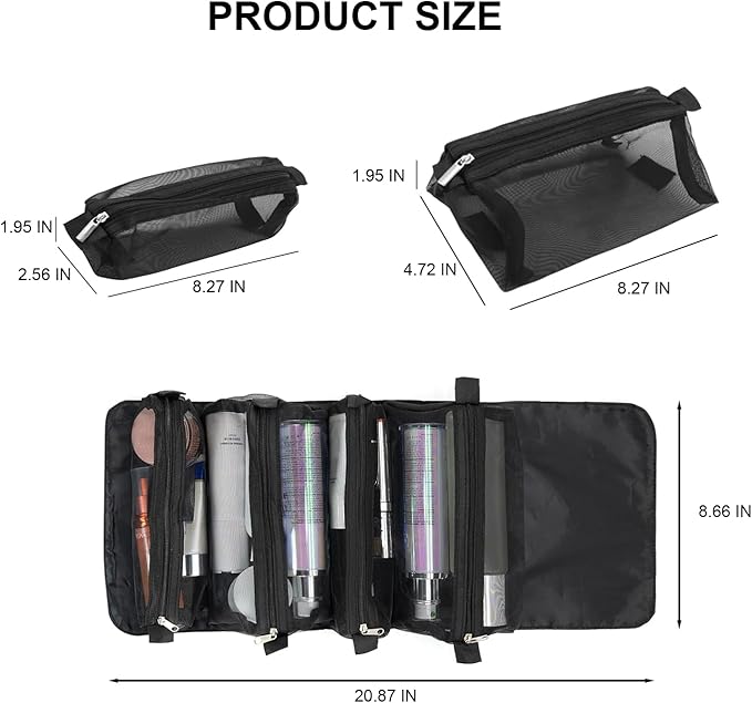 Roll Up Makeup Bag, Hanging Toiletry Bag, 4 in 1 Detachable Cosmetic Bag, 4 Removable Storage Bags, Travel Makeup Organizer Bags for Women Men(Black)