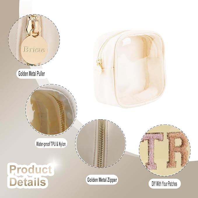 Small Preppy Clear Cosmetic Pouch Women Travel Mini Transparent TPU and Nylon Makeup Pouch(Small, Beige)