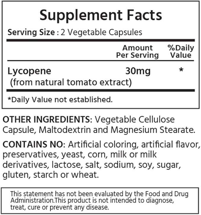 Natural Lycopene 30 mg 240 Vegetable Capsules. All-Natural from Tomatoes. Antioxidant & Immune Support, Cardiovascular Health & Prostate Health.