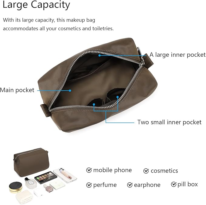 Organizer Bag Lightweight Cosmetic Bag with Ring Clasp Perfect Travel Makeup Bag for Women nylon Stand Up Design (Brown/Nylon)