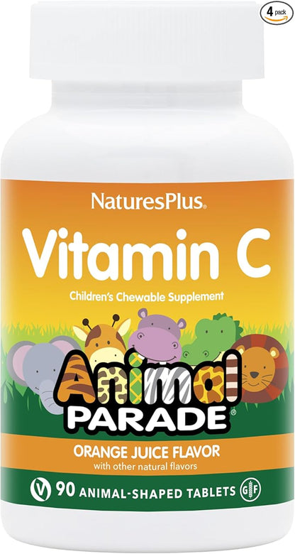 NaturesPlus Animal Parade Vitamin C Children's Chewable - Natural Orange Juice Flavor - 90 Animal-Shaped Tablets, Pack of 4 - Vegan, Vegetarian, Gluten Free - 180 Total Servings