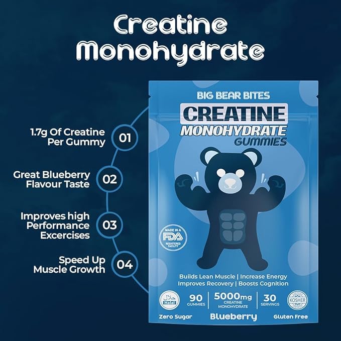 Creatine Monohydrate Gummies for Men & Women | 5000mg of Creatine Gummies per Serving | Sugar Free Gummies, Gluten Free & Halal | Pack of 90 Pre Workout Gummies for Muscle Recovery | Blueberry Flavor