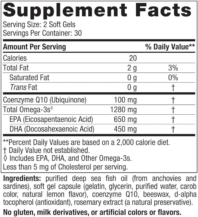Nordic Naturals Ultimate Omega + CoQ10, Lemon - 60 Soft Gels - 1280 mg Omega-3 + 100 mg CoQ10 - Heart Health, Cellular Energy, Antioxidant Support - Non-GMO - 30 Servings