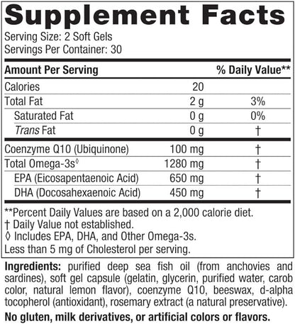 Nordic Naturals Ultimate Omega + CoQ10, Lemon - 60 Soft Gels - 1280 mg Omega-3 + 100 mg CoQ10 - Heart Health, Cellular Energy, Antioxidant Support - Non-GMO - 30 Servings