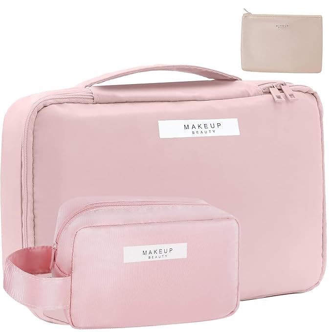 Travel Makeup Bag Cosmetic Bag Makeup Bag Toiletry bag for women and men (Pink-3pcs)