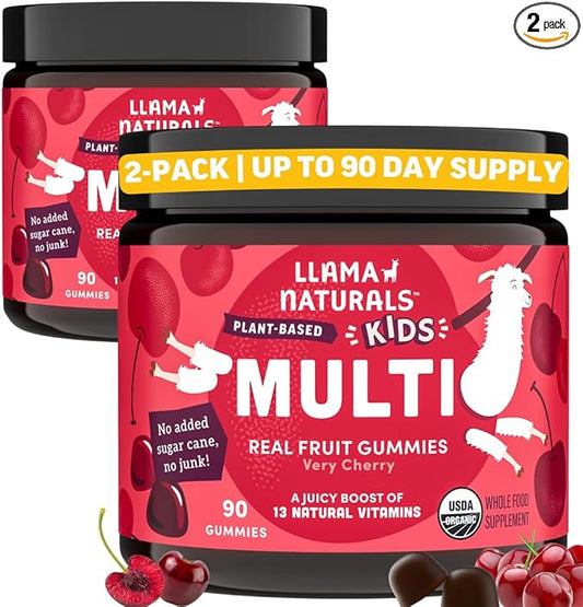 Real Fruit Gummy Vitamins for Kids, No Added Sugar Cane, Beta Carotenes, Whole Food Multivitamin, Vegan Toddler Gummies, Plant Based, Organic, Chewable 90 ct (30-45 Days) Cherry (2 Pack)