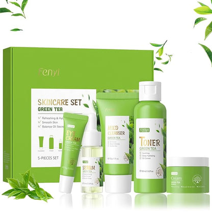 Green Tea Skincare Set For Women & Girls, Green Tea Skin Care Set With Cleanser,Toner,Eye Cream,Face Cream,Serum, Beauty Gifts For Women Girls, Skin Care For Teens 10-12