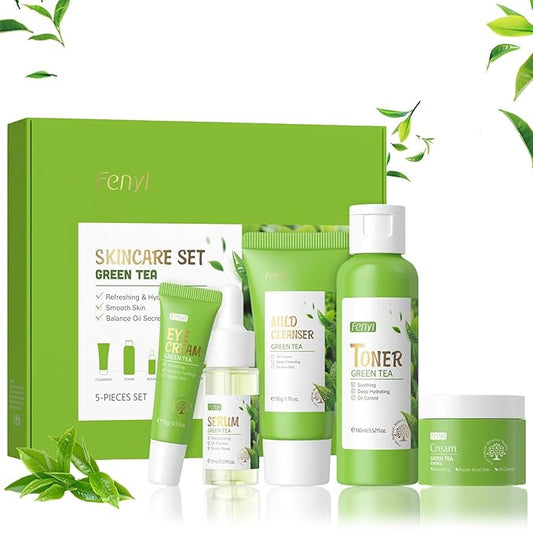 Green Tea Skincare Set For Women & Girls, Green Tea Skin Care Set With Cleanser,Toner,Eye Cream,Face Cream,Serum, Beauty Gifts For Women Girls, Skin Care For Teens 10-12