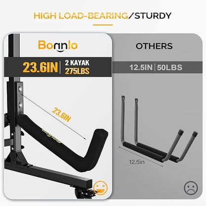 Bonnlo Kayak Stand Freestanding Storage Rack for Kayak Canoe Boat Paddle Board SUP Surfboard for Indoor Outdoor Garage, Shed, Dock with Lockable Wheels Wide Adjustable