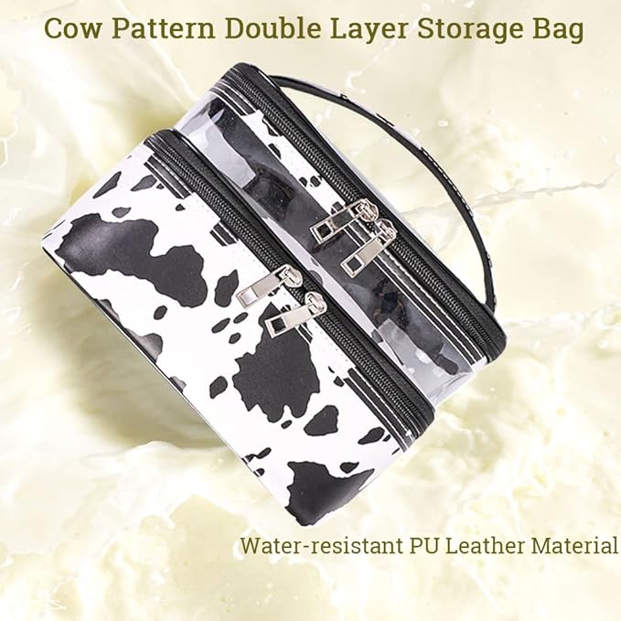 FITINI 3 Pieces Makeup Bags Double Layer Travel Large White Cows Cosmetic Cases Organizer Toiletry Bags Waterproof Small Zipper Pouch for Women Makeup Brush Storage Bag