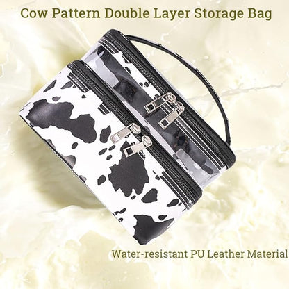 FITINI 3 Pieces Makeup Bags Double Layer Travel Large White Cows Cosmetic Cases Organizer Toiletry Bags Waterproof Small Zipper Pouch for Women Makeup Brush Storage Bag