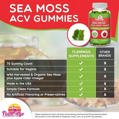 Sea Moss Gummies with Apple Cider Vinegar, Bladderwrack, and Burdock Root Organic- Sea Moss Gummies for Adults and Kids- Vegan, Organic, Irish Seamoss and ACV – 70 Ct
