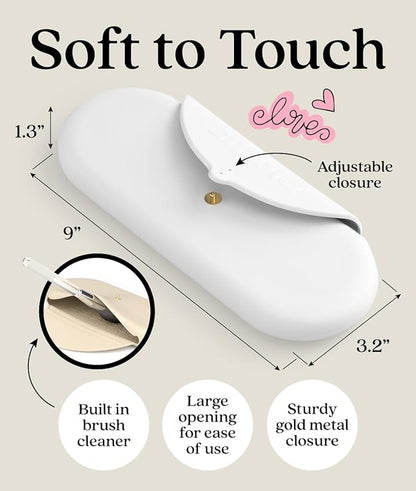 Embla Makeup Brush Holder Travel Cosmetic Case Pouch, Soft Silicone Cosmetic Bag Make Up Brushes Holder with Secure Snap Closure, Travel Makeup Brush Case, White